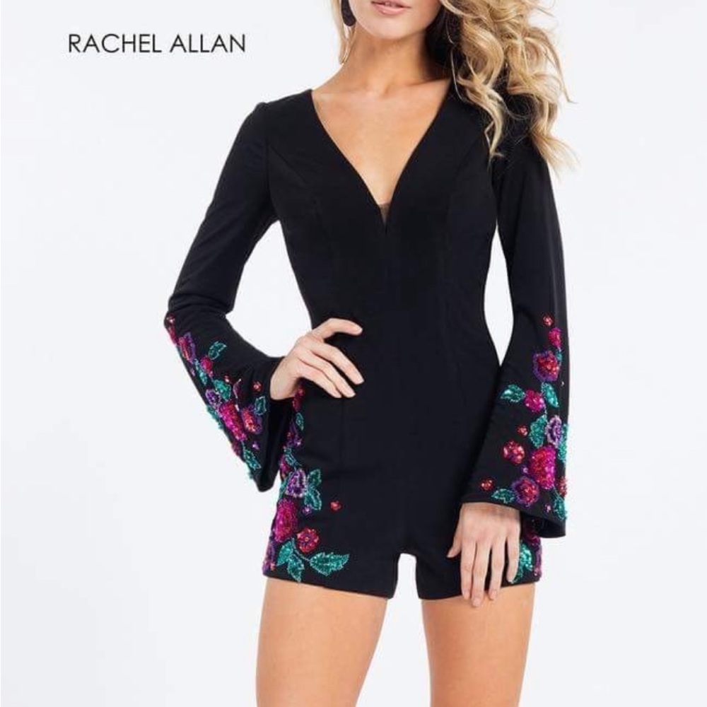 Rachel Allan Black Romper with Pink and Green Floral Embroidery